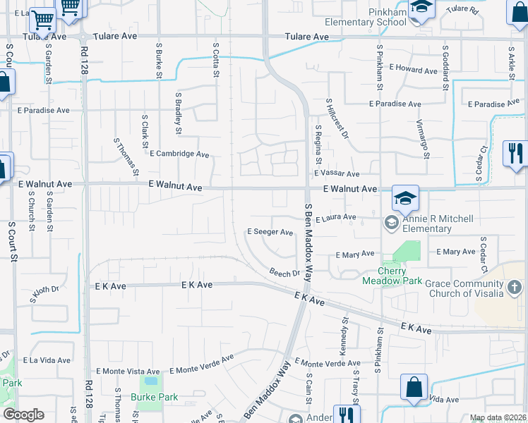 map of restaurants, bars, coffee shops, grocery stores, and more near 1430 East Laura Court in Visalia
