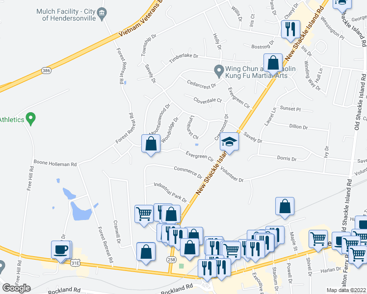 map of restaurants, bars, coffee shops, grocery stores, and more near 120 Evergreen Circle in Hendersonville
