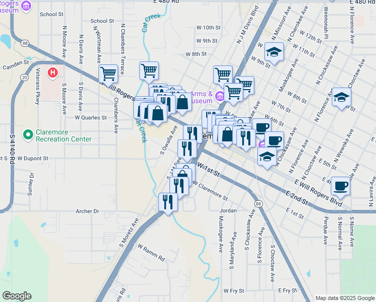 map of restaurants, bars, coffee shops, grocery stores, and more near 212 North J M Davis Boulevard in Claremore