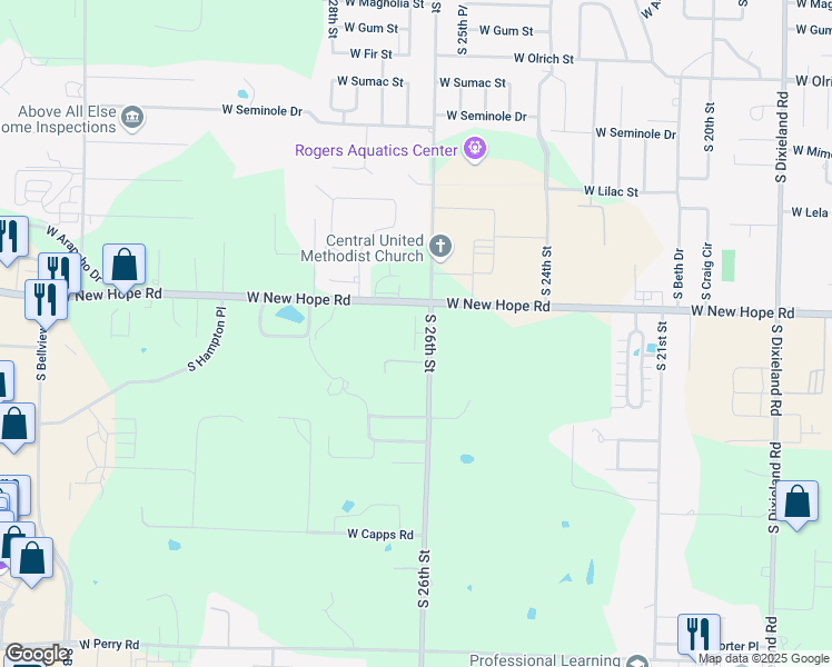 map of restaurants, bars, coffee shops, grocery stores, and more near 1910 South 26th Street in Rogers