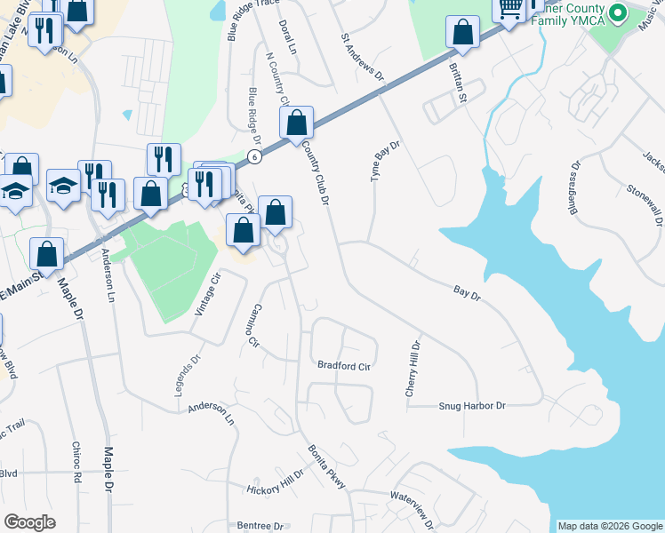 map of restaurants, bars, coffee shops, grocery stores, and more near 122 Country Club Drive in Hendersonville