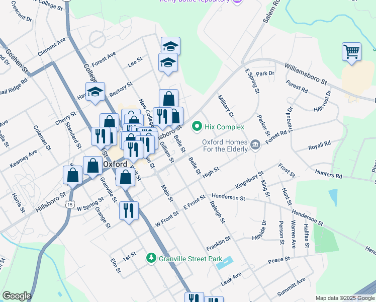 map of restaurants, bars, coffee shops, grocery stores, and more near 123 Belle Street in Oxford