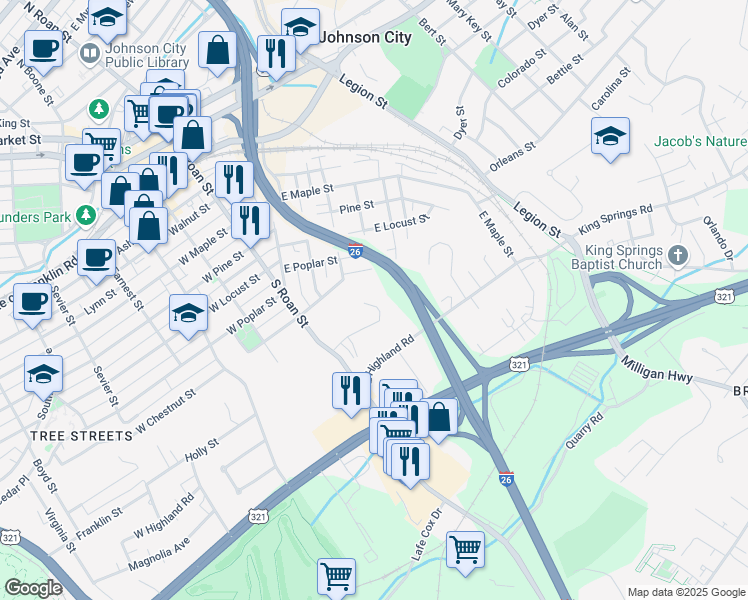 map of restaurants, bars, coffee shops, grocery stores, and more near 111 Terrace Court in Johnson City