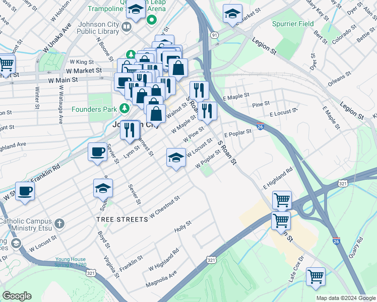 map of restaurants, bars, coffee shops, grocery stores, and more near 1004 Spring Street in Johnson City
