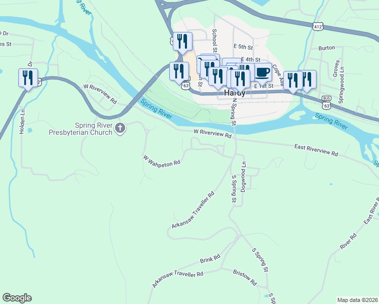 map of restaurants, bars, coffee shops, grocery stores, and more near 47 Wahpeton Circle in Hardy