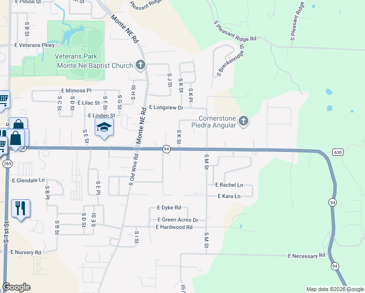 map of restaurants, bars, coffee shops, grocery stores, and more near 1812 South K Street in Rogers