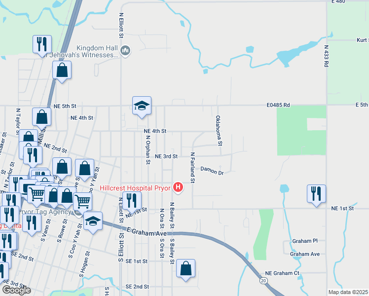 map of restaurants, bars, coffee shops, grocery stores, and more near 308 North Fairland Street in Pryor