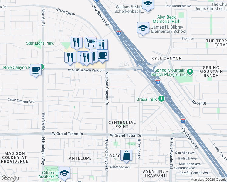 map of restaurants, bars, coffee shops, grocery stores, and more near 8250 North Grand Canyon Drive in Las Vegas