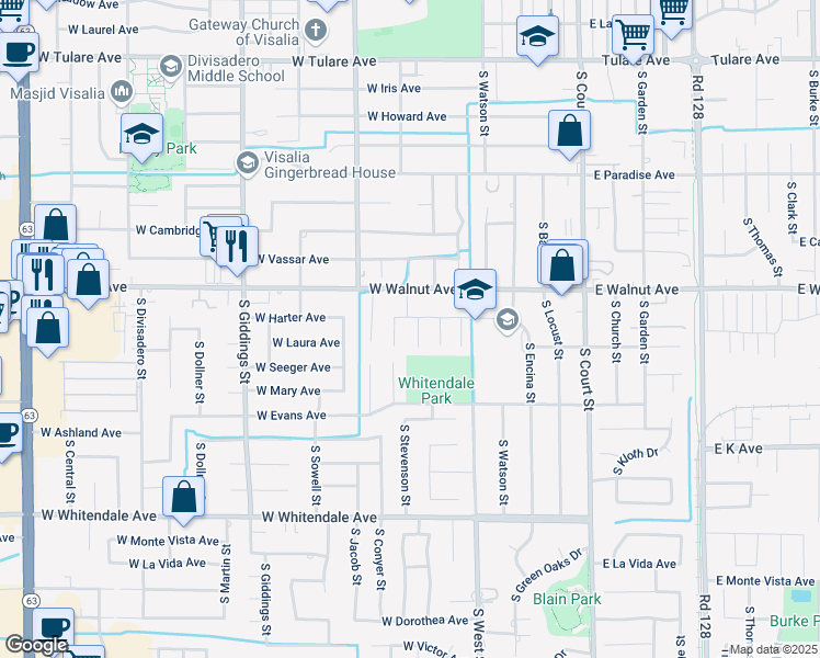 map of restaurants, bars, coffee shops, grocery stores, and more near 2119 South Johnson Court in Visalia
