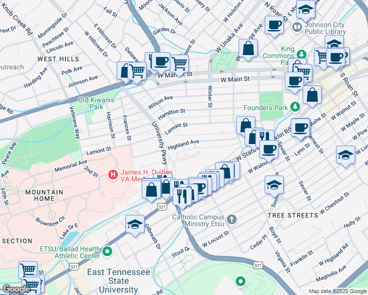 map of restaurants, bars, coffee shops, grocery stores, and more near 401 Highland Avenue in Johnson City