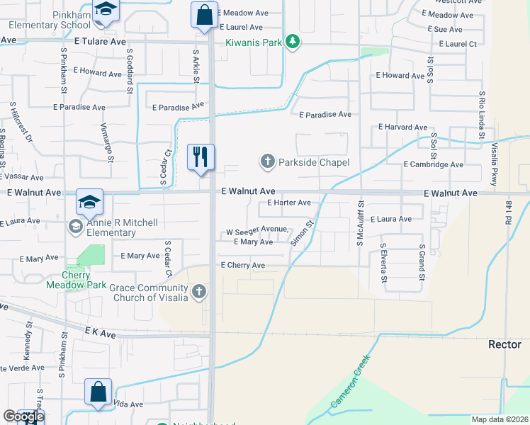 map of restaurants, bars, coffee shops, grocery stores, and more near 3139 East Harter Avenue in Visalia