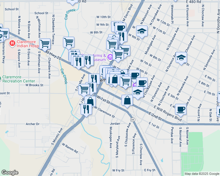 map of restaurants, bars, coffee shops, grocery stores, and more near 118 South Missouri Avenue in Claremore