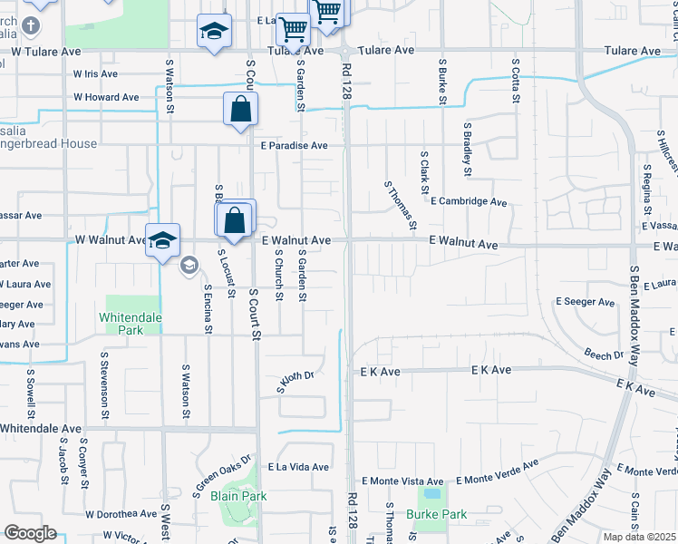 map of restaurants, bars, coffee shops, grocery stores, and more near 449 Harter Court in Visalia