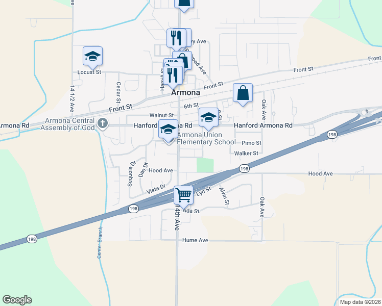 map of restaurants, bars, coffee shops, grocery stores, and more near 11115 C Street in Armona