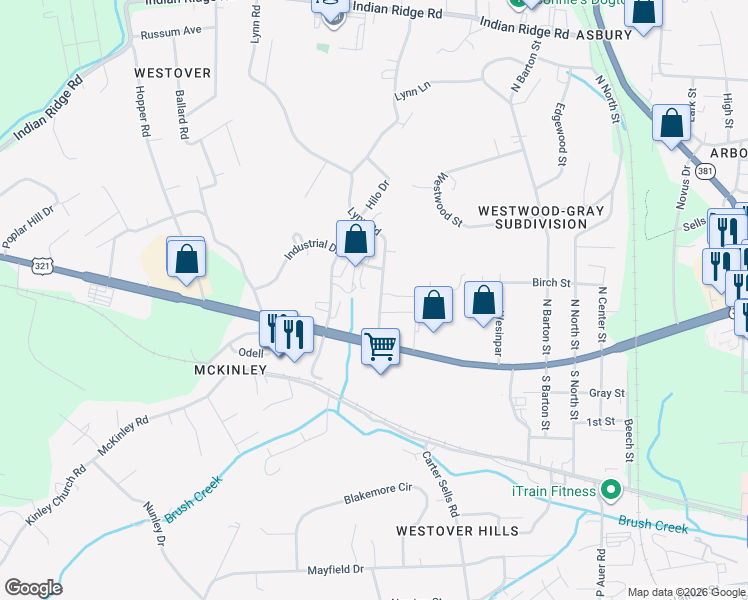 map of restaurants, bars, coffee shops, grocery stores, and more near 124 Lynn Road in Johnson City