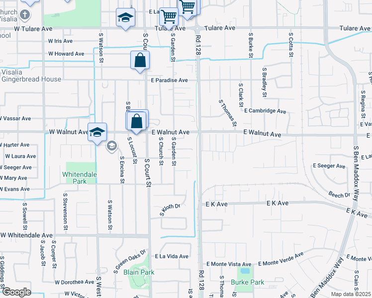 map of restaurants, bars, coffee shops, grocery stores, and more near 347 East Walnut Avenue in Visalia