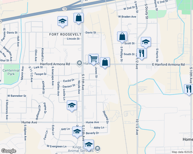map of restaurants, bars, coffee shops, grocery stores, and more near 11110 Jones Street in Hanford