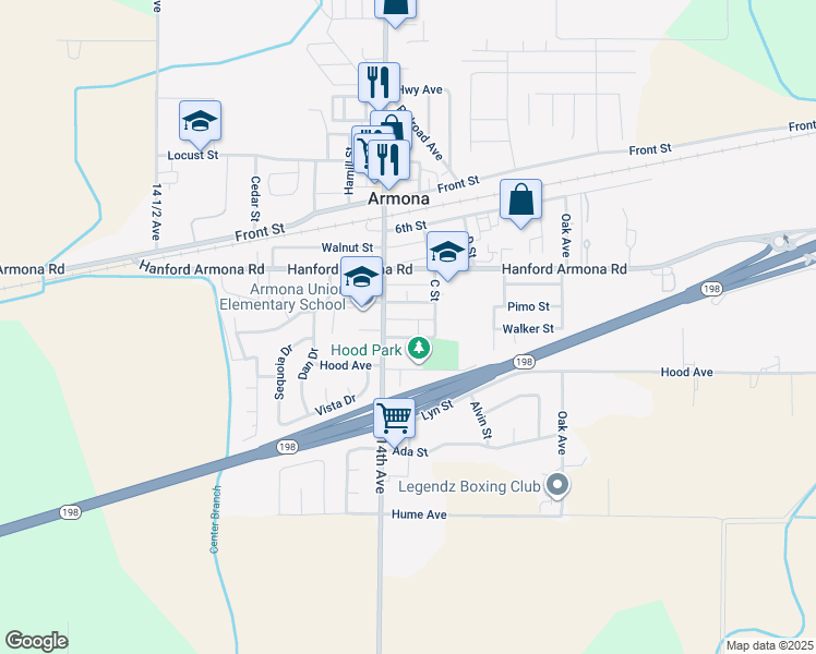 map of restaurants, bars, coffee shops, grocery stores, and more near 11115 C Street in Armona