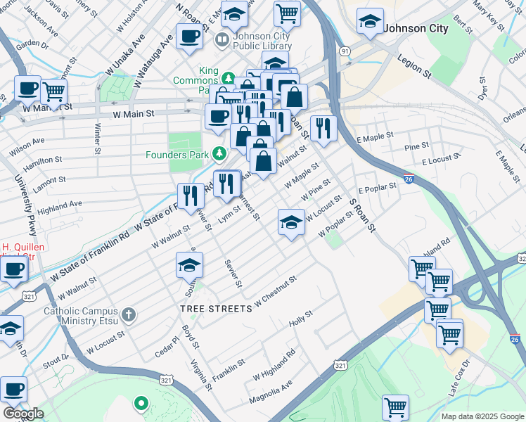 map of restaurants, bars, coffee shops, grocery stores, and more near 307 West Maple Street in Johnson City