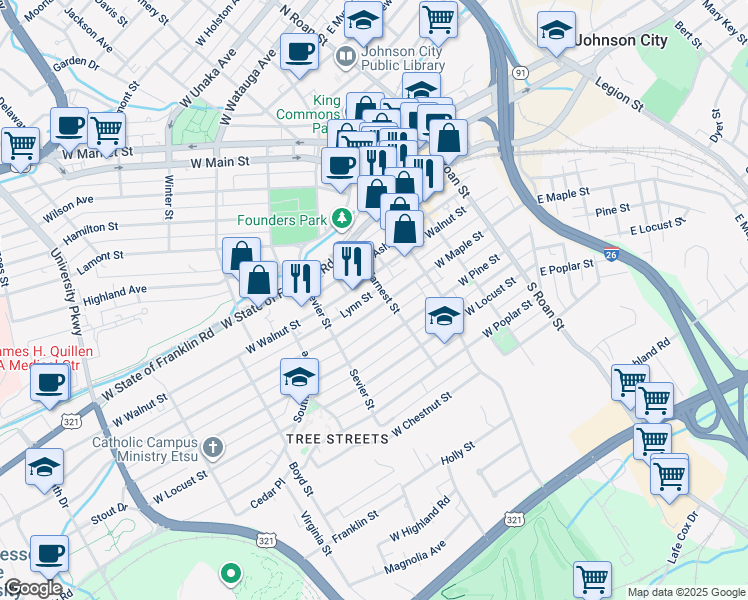 map of restaurants, bars, coffee shops, grocery stores, and more near Lynn St in Johnson City