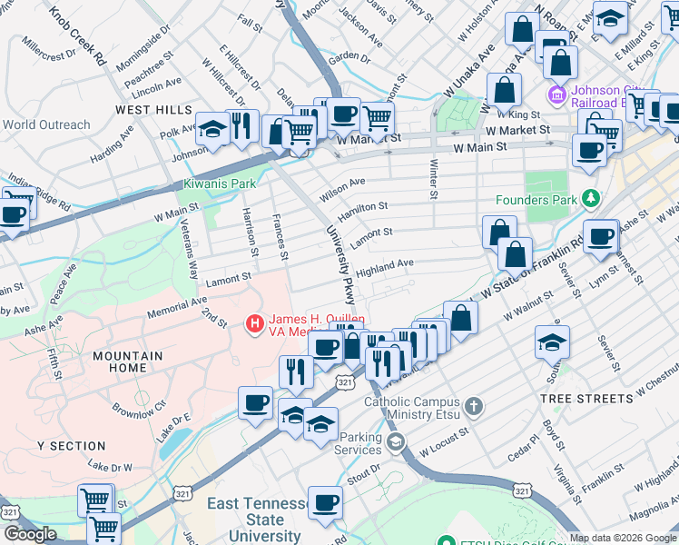 map of restaurants, bars, coffee shops, grocery stores, and more near 603 Lamont Street in Johnson City
