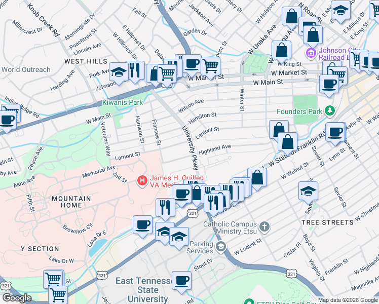 map of restaurants, bars, coffee shops, grocery stores, and more near 603 Lamont Street in Johnson City