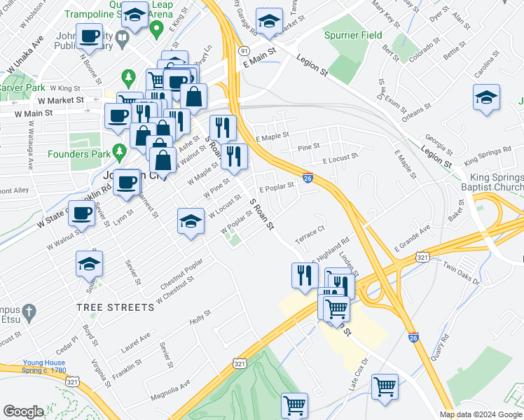 map of restaurants, bars, coffee shops, grocery stores, and more near 1213 Division Street in Johnson City