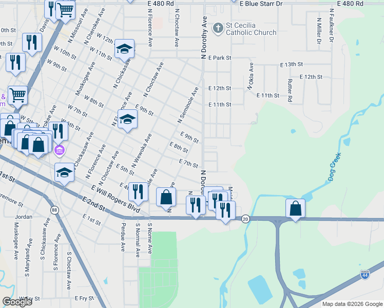 map of restaurants, bars, coffee shops, grocery stores, and more near 521 North Dorothy Avenue in Claremore