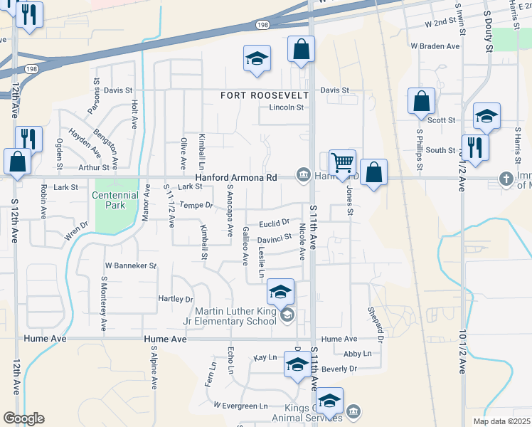 map of restaurants, bars, coffee shops, grocery stores, and more near 897 Tempe Drive in Hanford