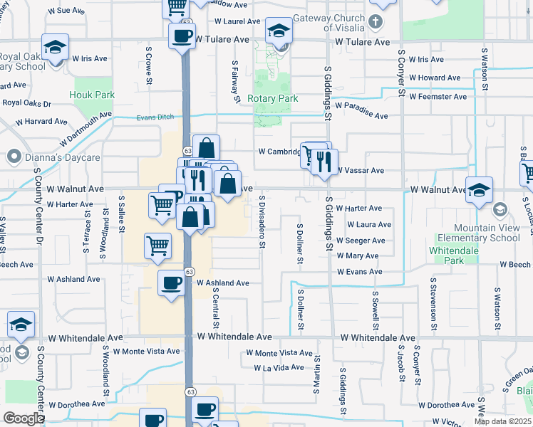 map of restaurants, bars, coffee shops, grocery stores, and more near 2116 South Divisadero Street in Visalia