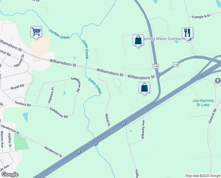 map of restaurants, bars, coffee shops, grocery stores, and more near 111 Maluli Drive in Oxford