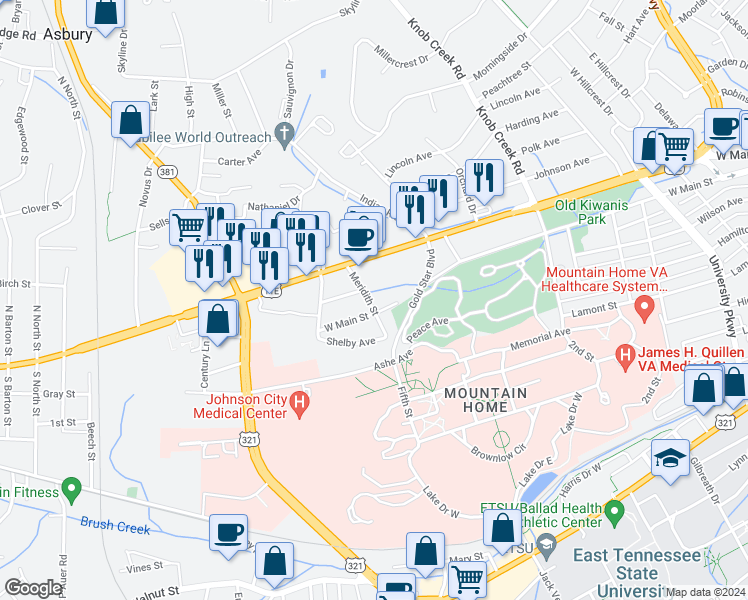 map of restaurants, bars, coffee shops, grocery stores, and more near 206 Meridith Street in Johnson City