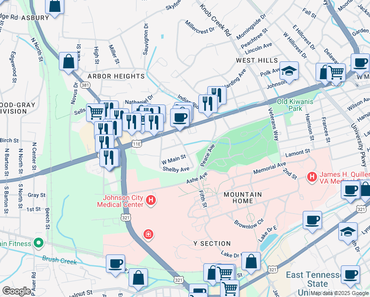 map of restaurants, bars, coffee shops, grocery stores, and more near 208 Meridith Street in Johnson City