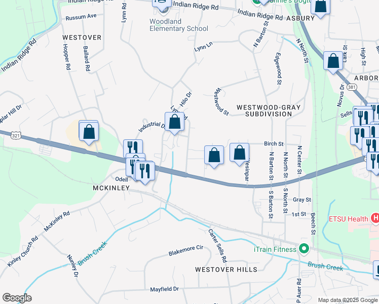 map of restaurants, bars, coffee shops, grocery stores, and more near 124 Lynn Road in Johnson City