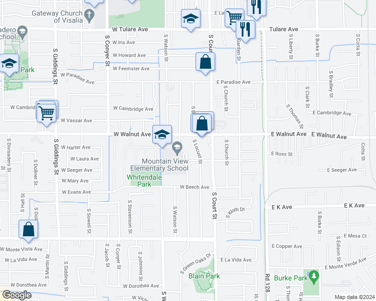 map of restaurants, bars, coffee shops, grocery stores, and more near 2114 South Encina Street in Visalia