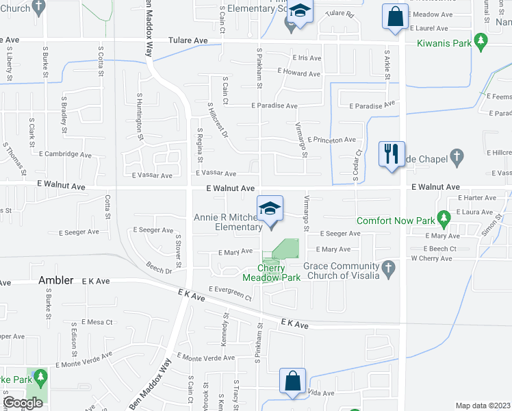 map of restaurants, bars, coffee shops, grocery stores, and more near 2049 South Pinkham Street in Visalia