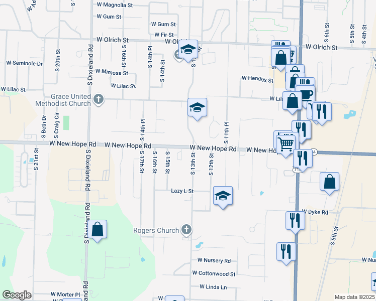 map of restaurants, bars, coffee shops, grocery stores, and more near 1302 West New Hope Road in Rogers