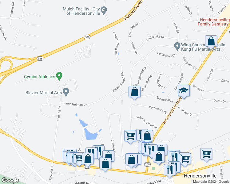 map of restaurants, bars, coffee shops, grocery stores, and more near 302 Forest Retreat Road in Hendersonville