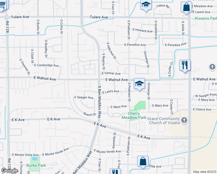map of restaurants, bars, coffee shops, grocery stores, and more near 1807 East Harter Court in Visalia