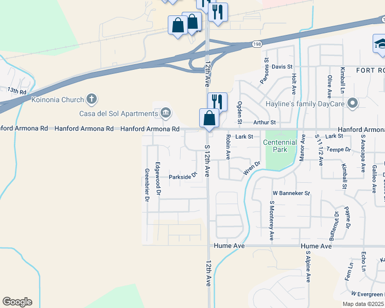 map of restaurants, bars, coffee shops, grocery stores, and more near 1785 Woodland Drive in Hanford