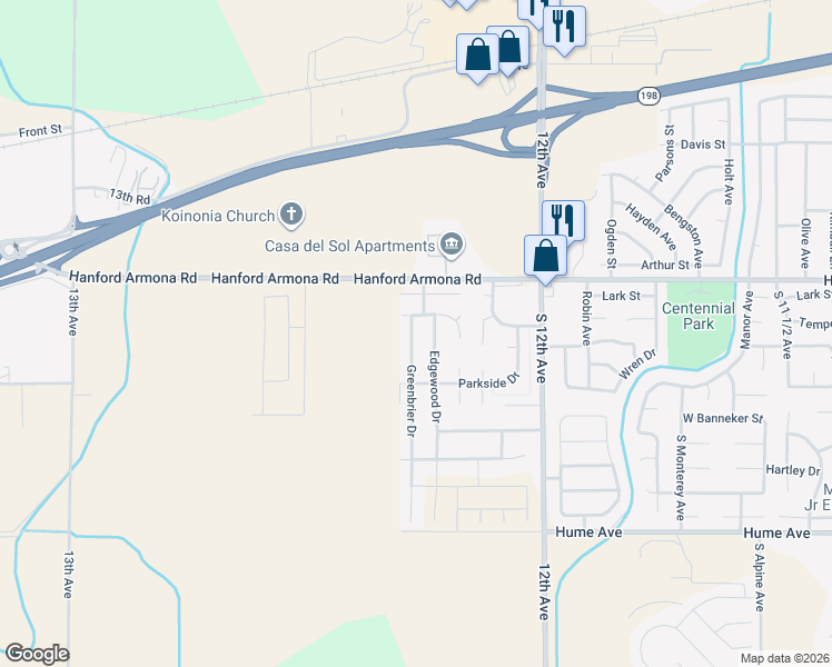 map of restaurants, bars, coffee shops, grocery stores, and more near 1116 Edgewood Drive in Hanford