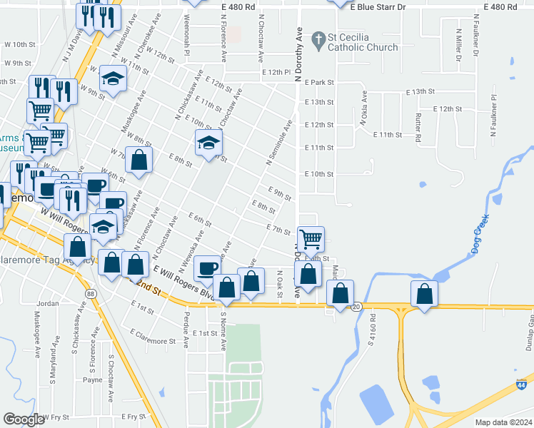 map of restaurants, bars, coffee shops, grocery stores, and more near 513 East 8th Street in Claremore