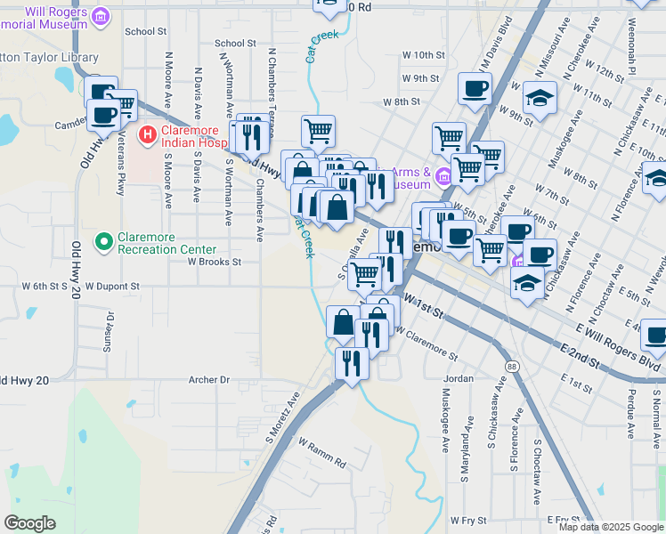 map of restaurants, bars, coffee shops, grocery stores, and more near 807 West 1st Street in Claremore
