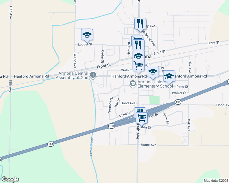 map of restaurants, bars, coffee shops, grocery stores, and more near 14175 Pimo Street in Armona