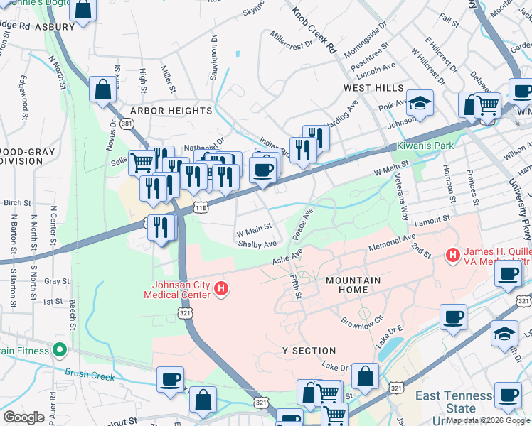 map of restaurants, bars, coffee shops, grocery stores, and more near 209 Meridith Street in Johnson City