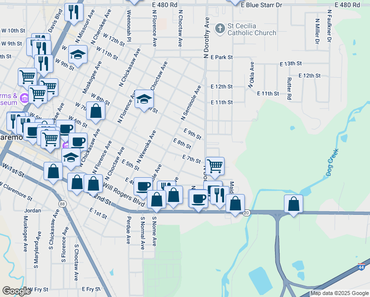 map of restaurants, bars, coffee shops, grocery stores, and more near 513 East 8th Street in Claremore