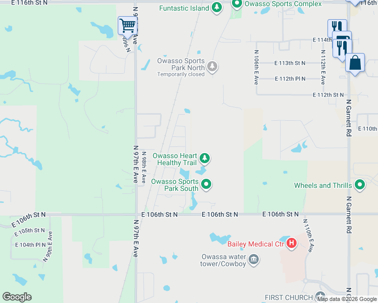 map of restaurants, bars, coffee shops, grocery stores, and more near 9917 East 106th Street North in Owasso