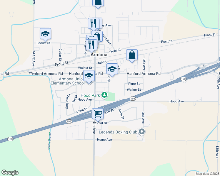 map of restaurants, bars, coffee shops, grocery stores, and more near 11115 C Street in Armona