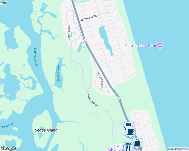 map of restaurants, bars, coffee shops, grocery stores, and more near 756 Dune Point Road in Currituck County