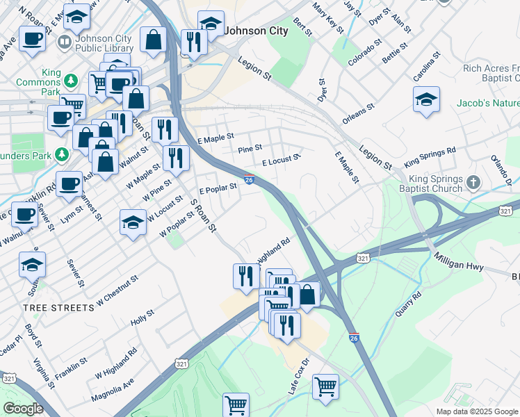 map of restaurants, bars, coffee shops, grocery stores, and more near 111 Terrace Ct in Johnson City